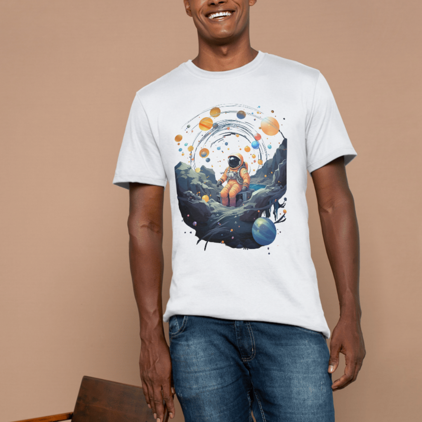 Astronaut with solar system T-shirt