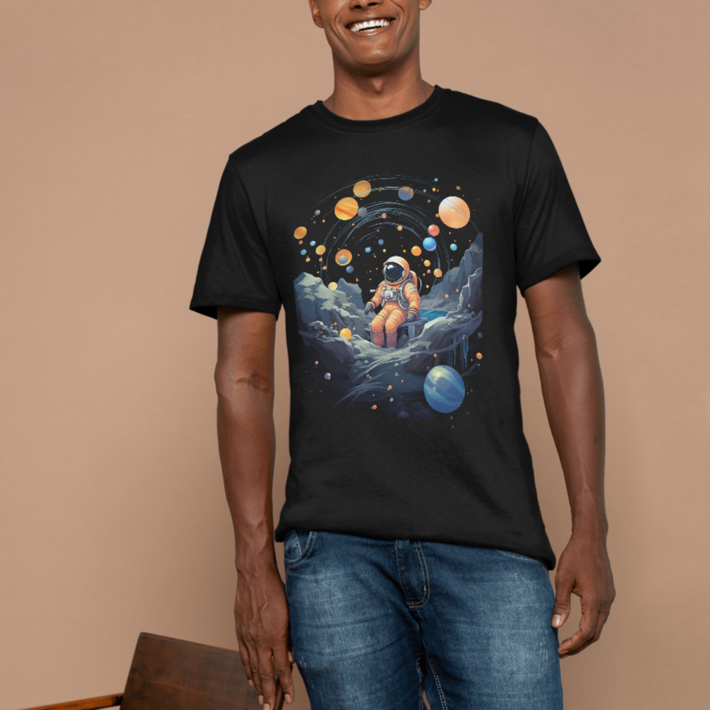 Astronaut with solar system T-shirt