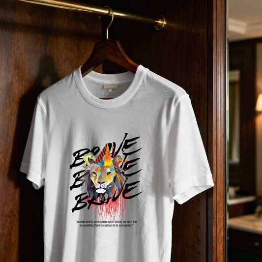 Brave - Lion Pure Cotton White T-Shirt for Men