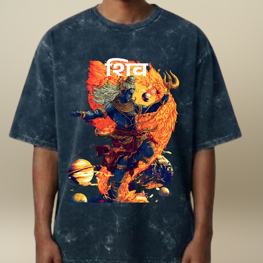 Person wearing a t-shirt with a colorful graphic design on a beige background
