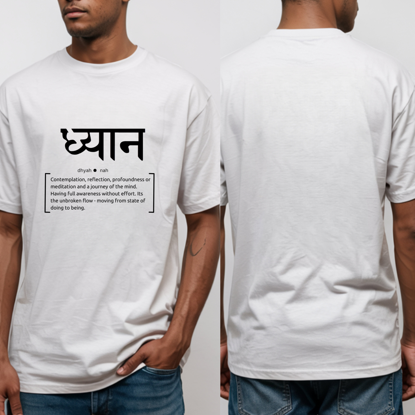 White t-shirt with black text on front and back, worn by a person.