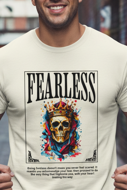 Man wearing a t-shirt with a graphic design featuring a skull and the word 'Fearless'.