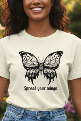 Woman wearing a t-shirt with a butterfly design and text, standing in a floral garden.