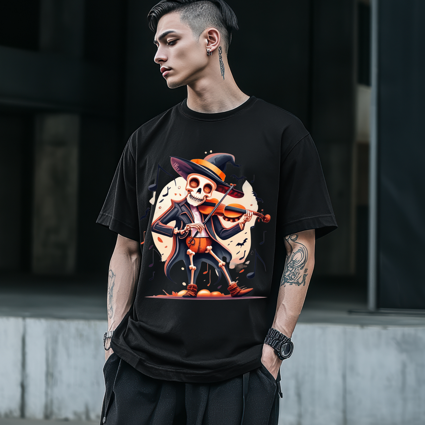 Tune in, Bone out -Funny Skeleton Playing Violin T-Shirt | Music Lover Halloween Tee | Quirky Rock and Roll Shirt