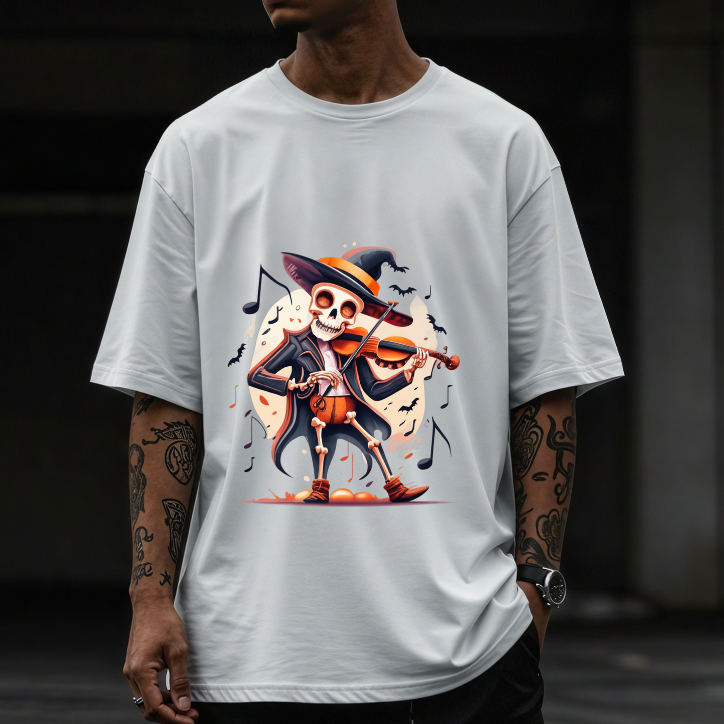 Tune in, Bone out -Funny Skeleton Playing Violin T-Shirt | Music Lover Halloween Tee | Quirky Rock and Roll Shirt