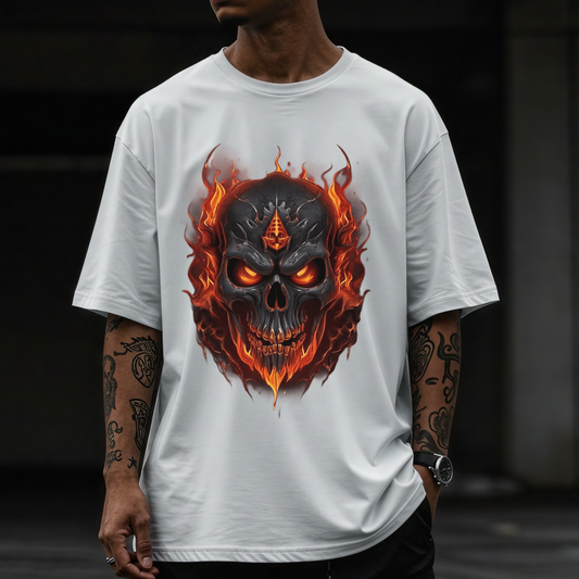 Fierce skul in flames Men's Oversized T-shirt for bike lover and rebels