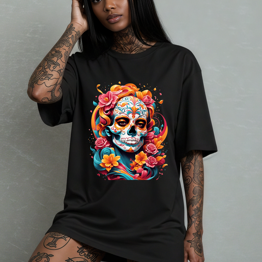 Flowery Sugar skull Women's oversized T-shirt