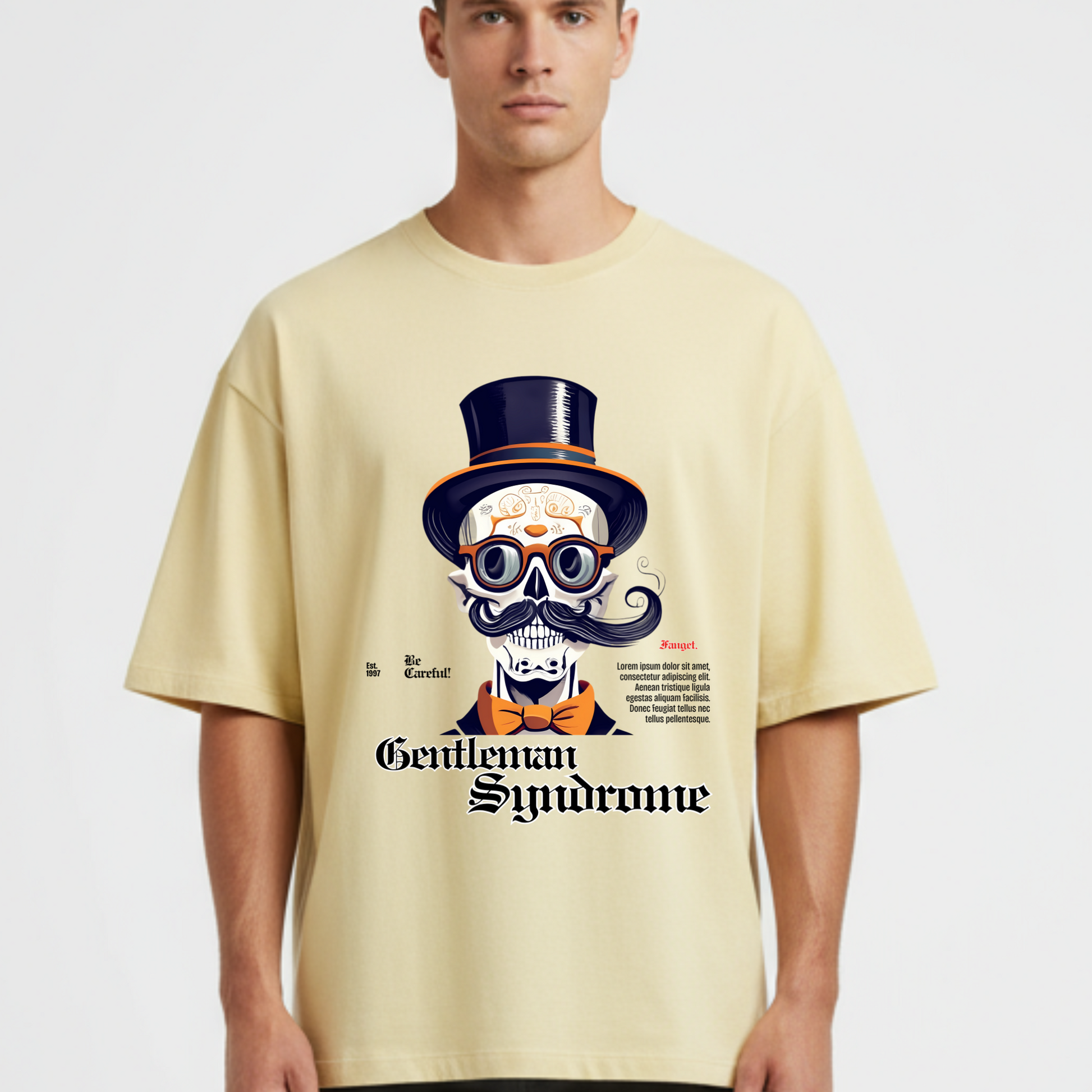 Man wearing a beige t-shirt with a skull design and text on a white background