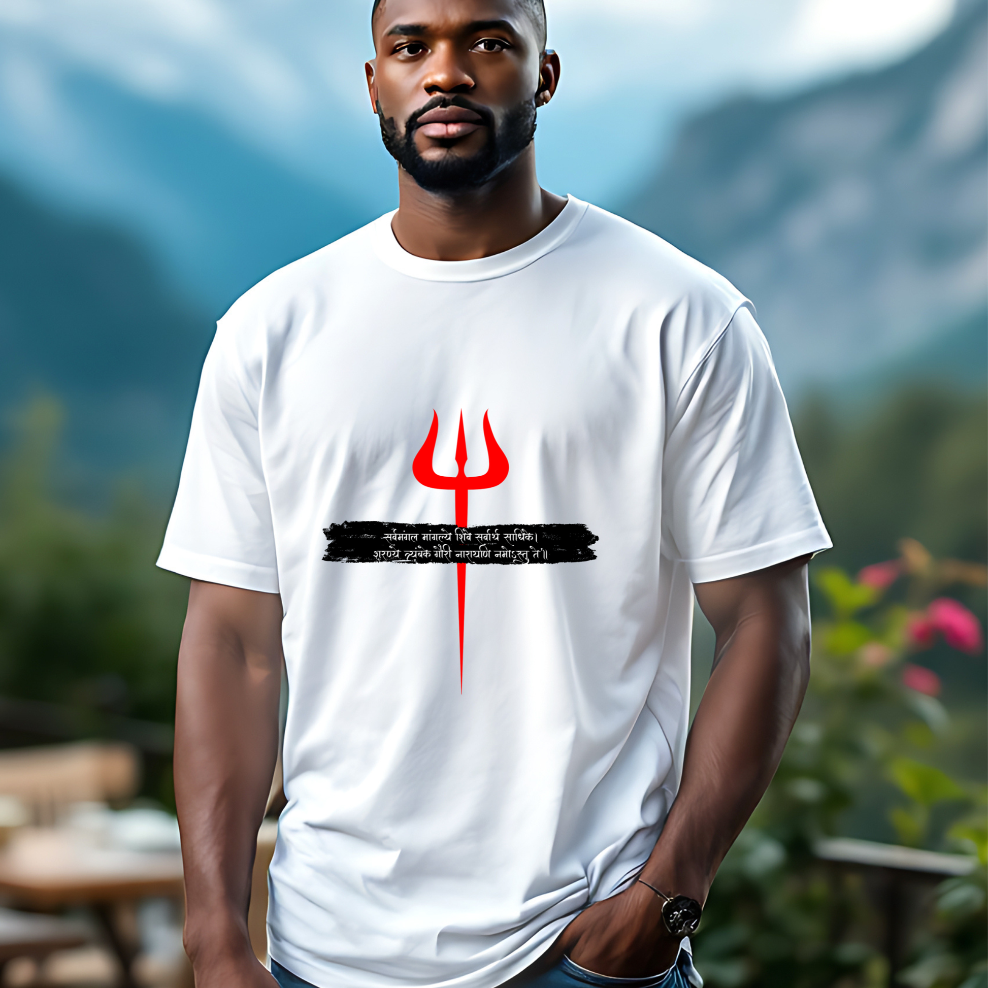 Man wearing a white t-shirt with a red and black design outdoors