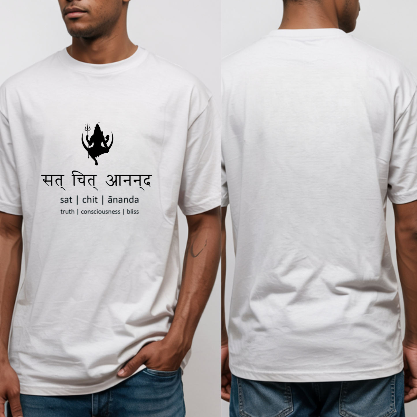 White t-shirt with black text and design on front and back, worn by a person.