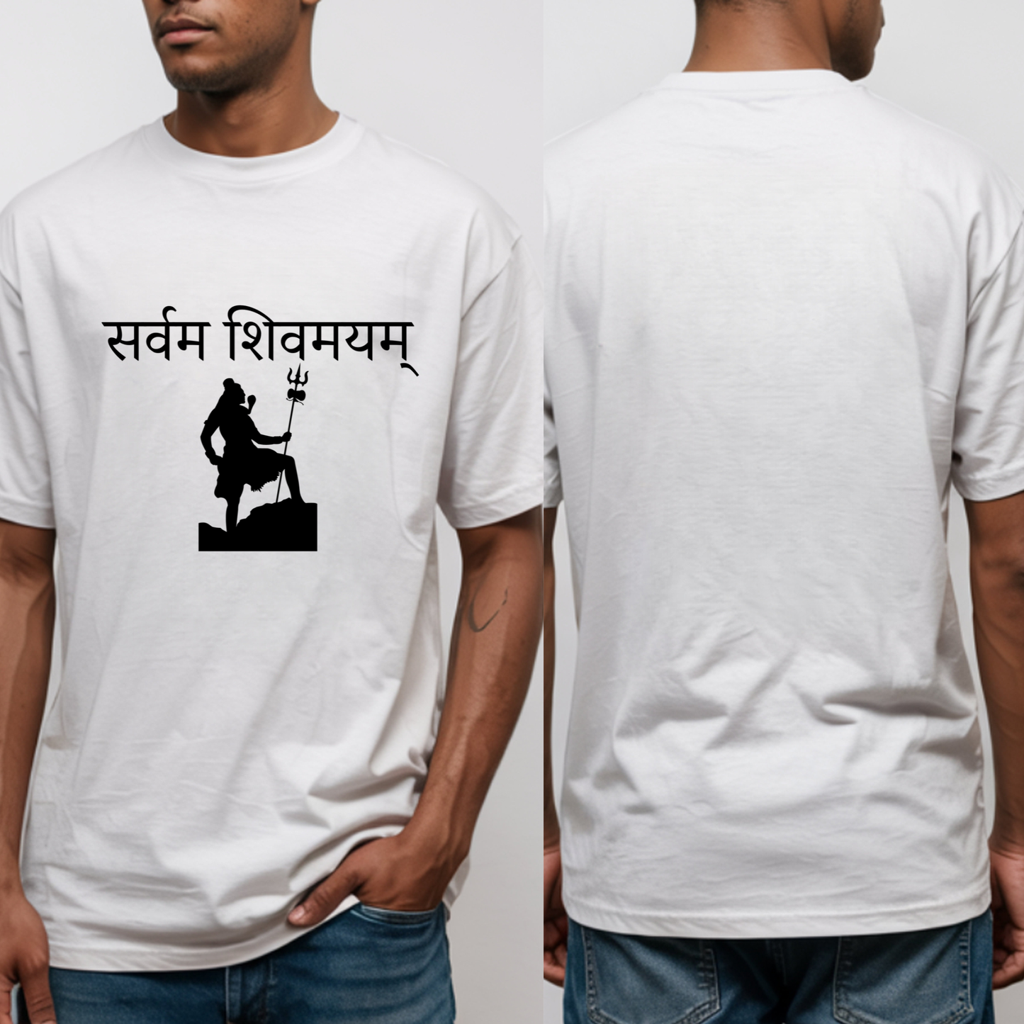 White t-shirt with black graphic and text worn by a person, showing front and back views.