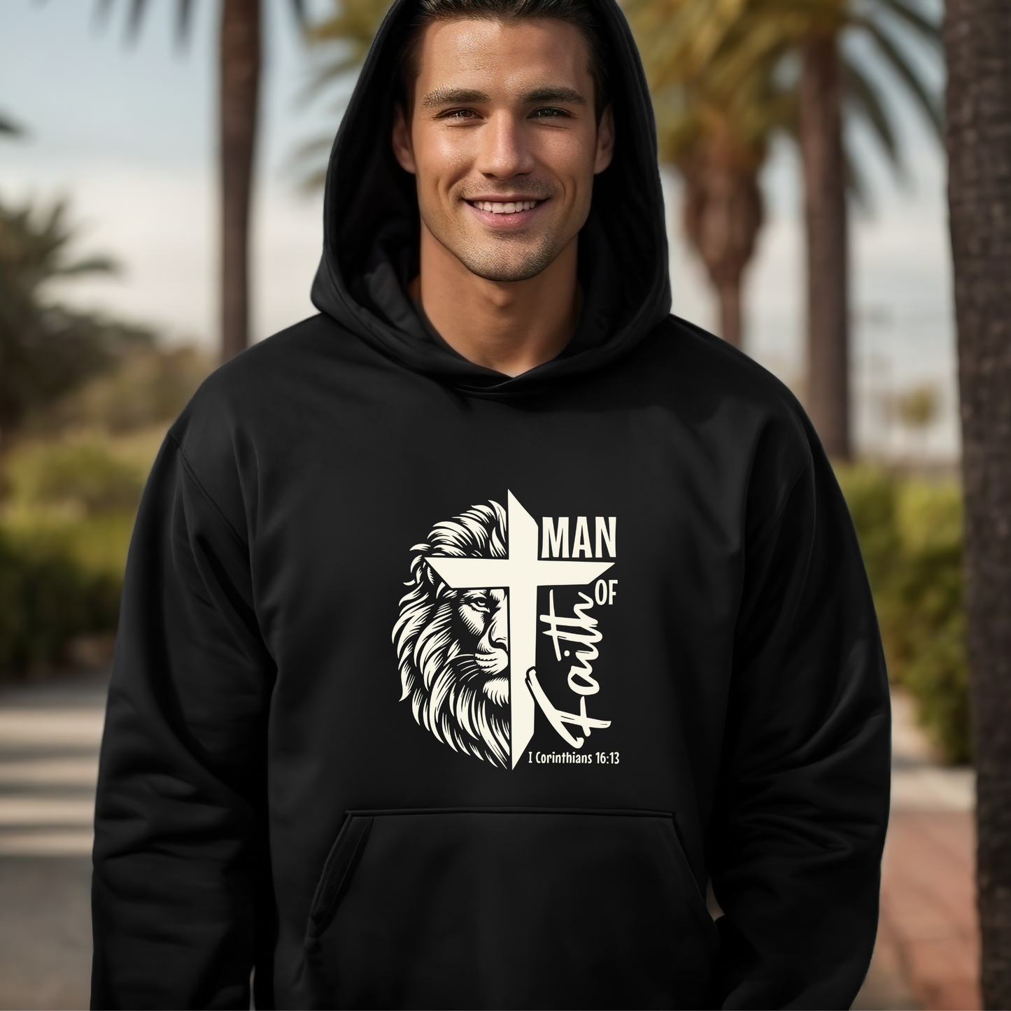 Man wearing a black hoodie with a lion and cross design outdoors.