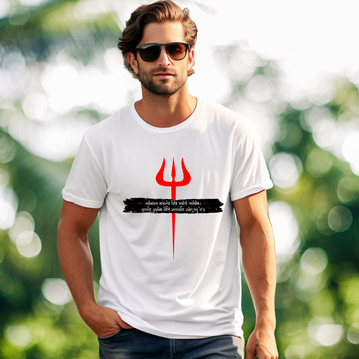 Man wearing a white t-shirt with a red trident symbol and text, outdoors.