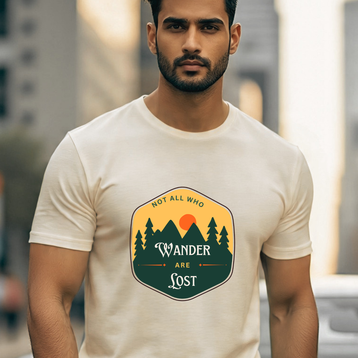Man wearing a t-shirt with a nature-themed graphic design in an urban setting