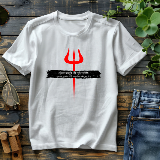 White t-shirt with a red trident symbol on a wooden surface with jeans and sunglasses.