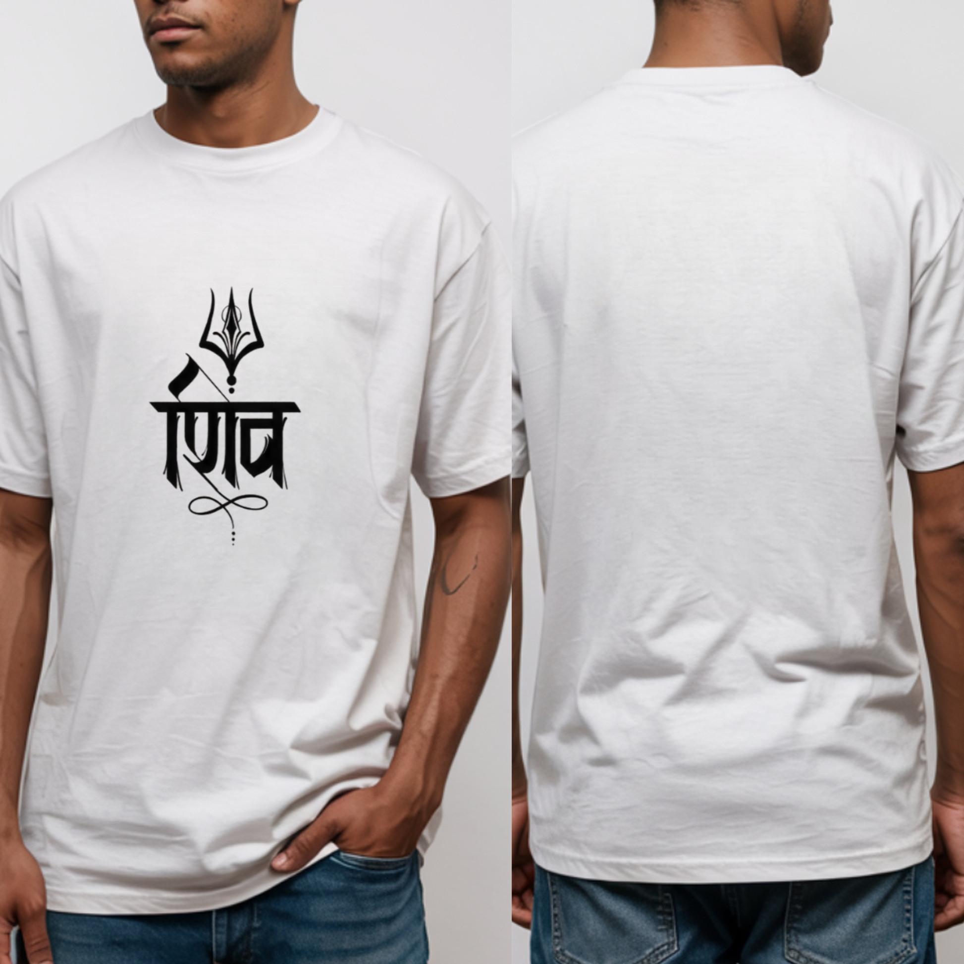 White t-shirt with black design of Lord Shive on front and with back view worn by a person