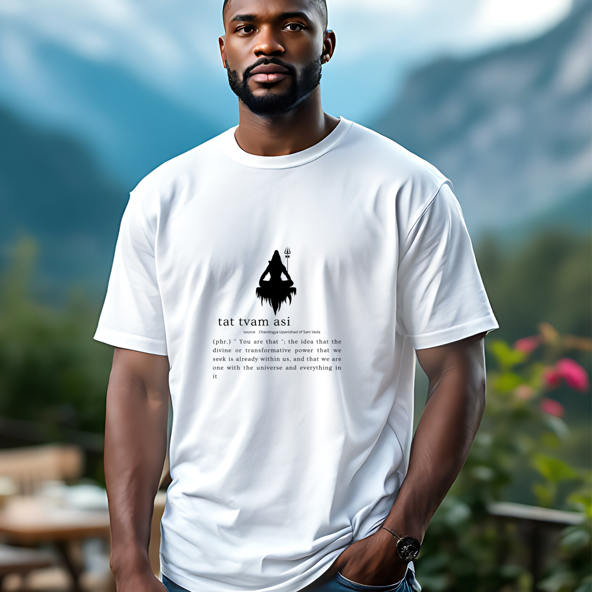 Man wearing a white t-shirt with a black graphic and text, standing outdoors with mountains in the background.