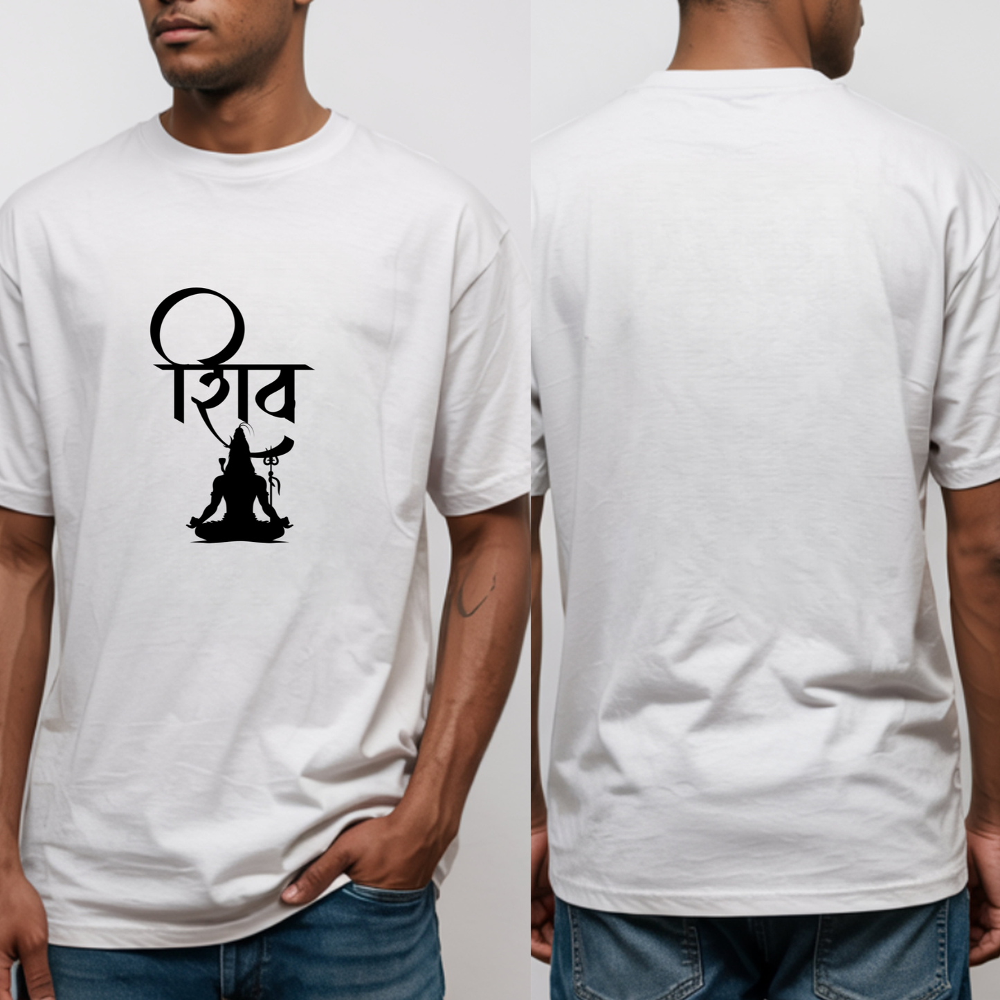 White t-shirt with black graphic design on front and back worn by a person.