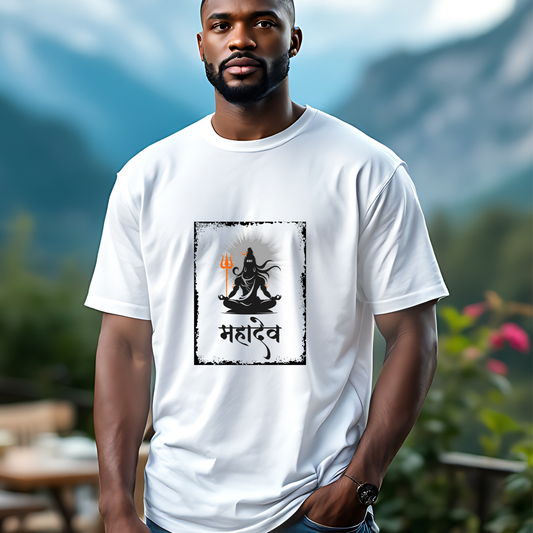Man wearing a white t-shirt with a black Mahadev graphic design outdoors