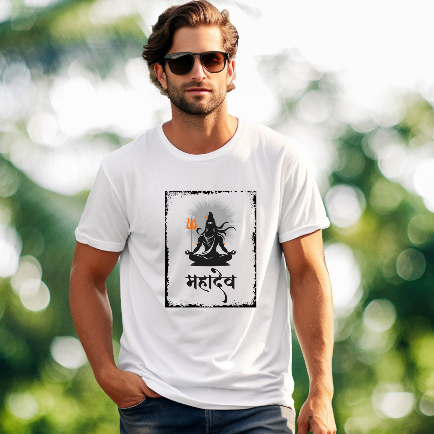 Man wearing a white t-shirt with a black graphic design outdoors