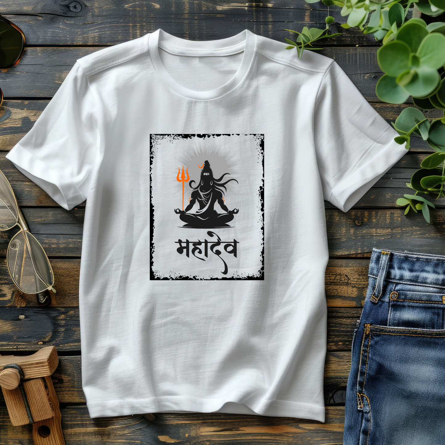White t-shirt with a Mahadev graphic design with jeans and sunglasses.
