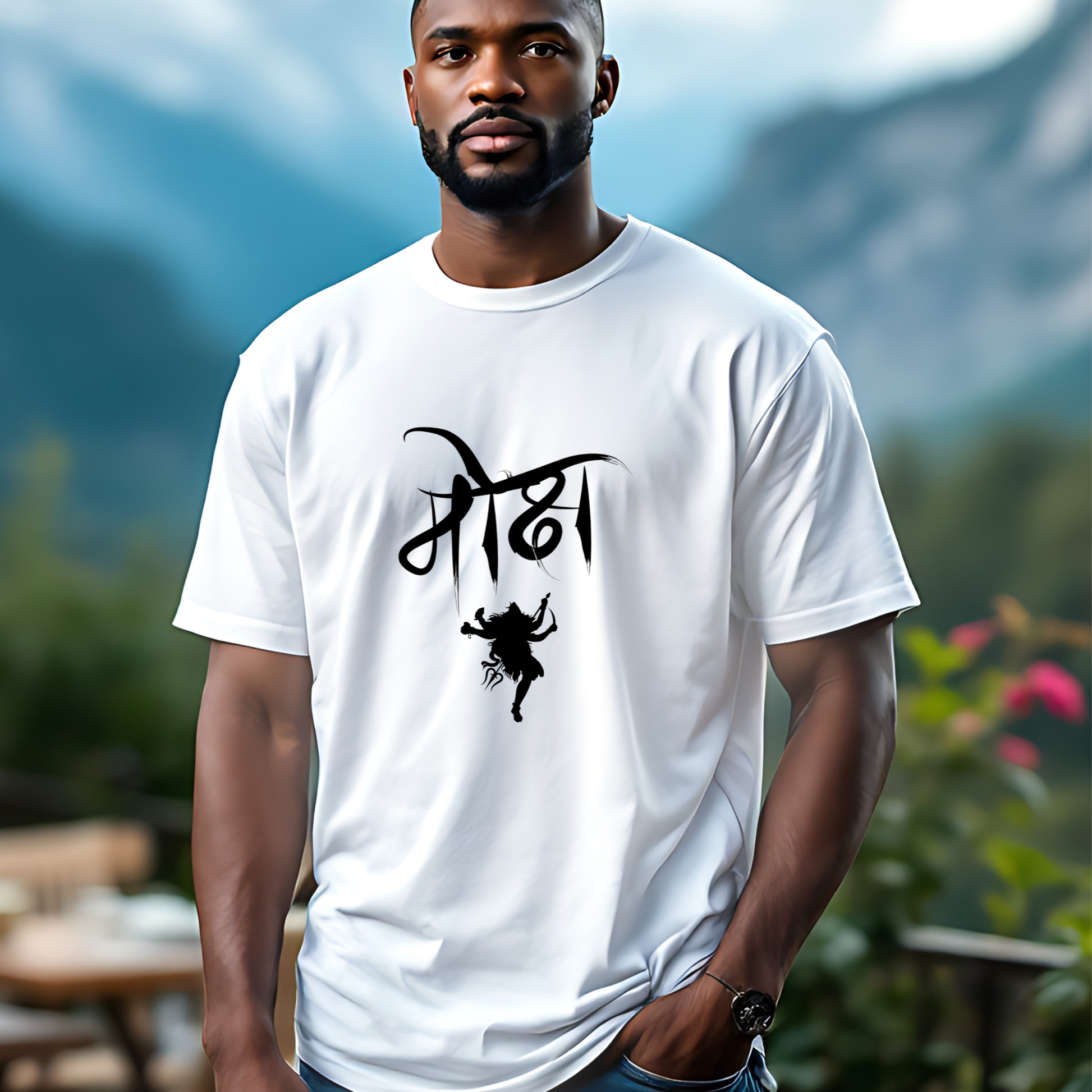 Man wearing a white t-shirt with black graphic design outdoors