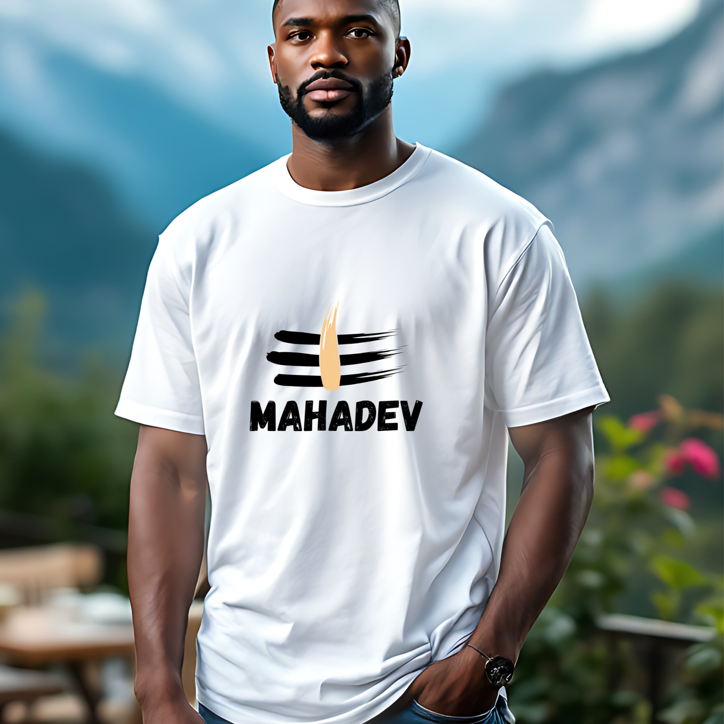 Man wearing a white t-shirt with 'MAHADEV' design outdoors