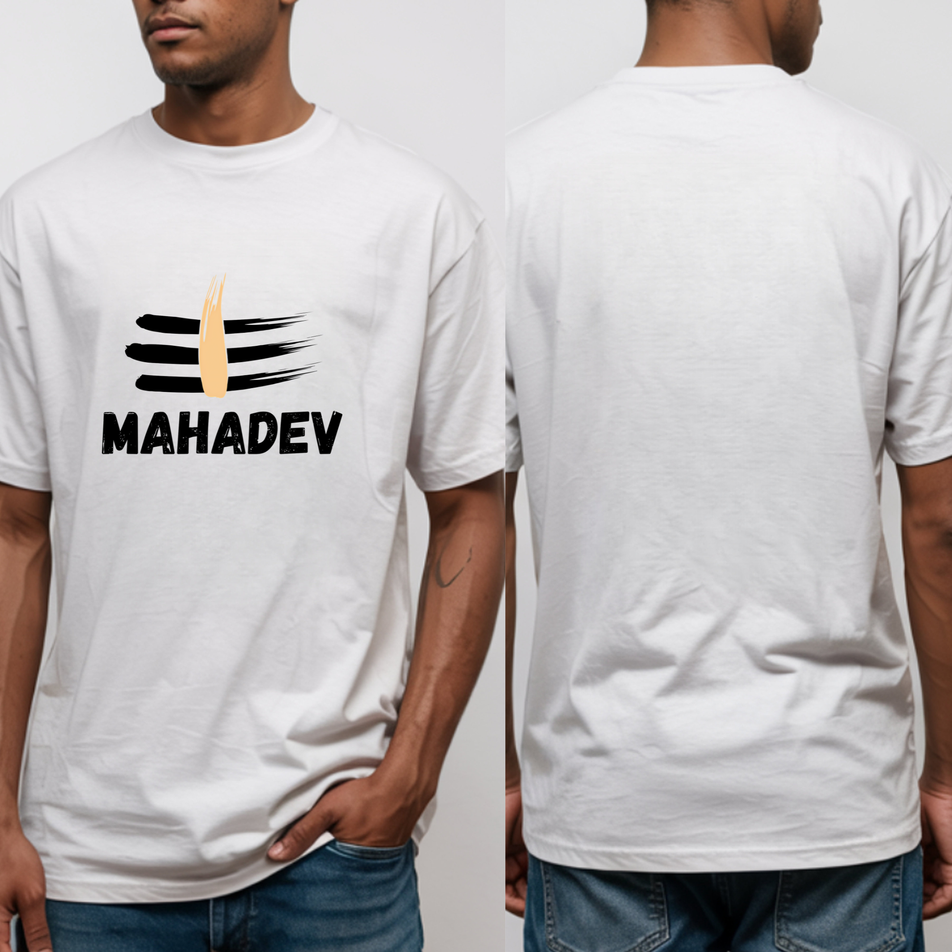White t-shirt with 'MAHADEV' printed on the front, worn by a person.