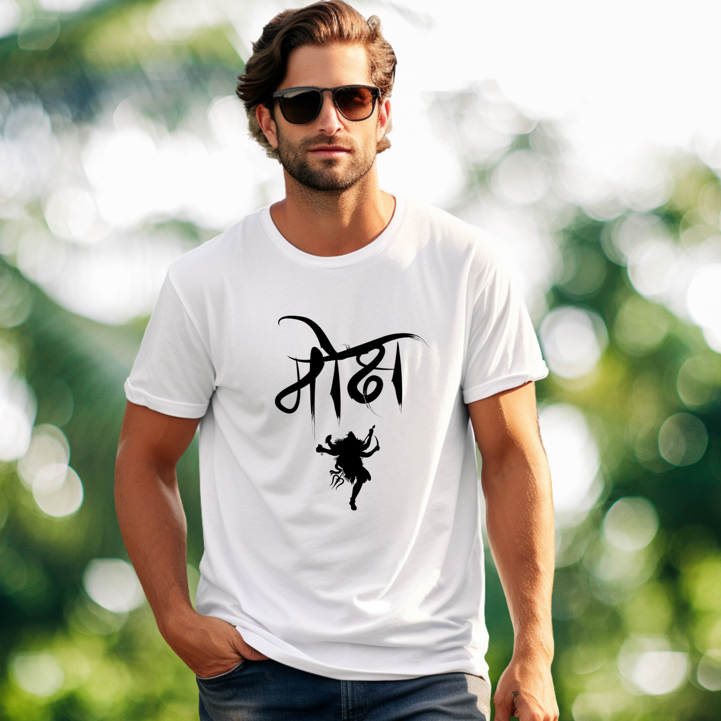 Man wearing a white t-shirt with black graphic design outdoors