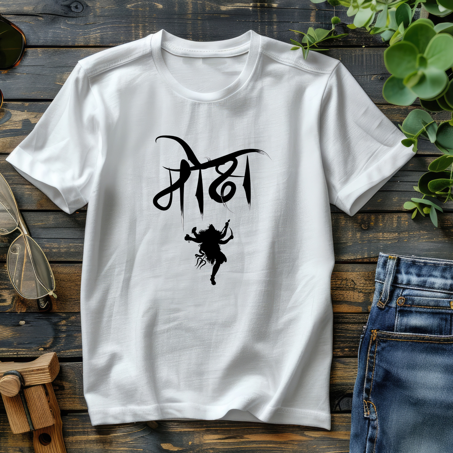 White t-shirt with black graphic design on a wooden surface with jeans and sunglasses.