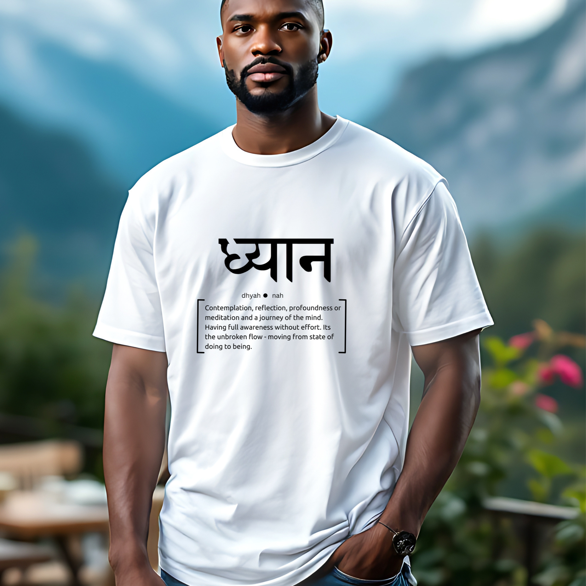 Man wearing a white t-shirt with black text 