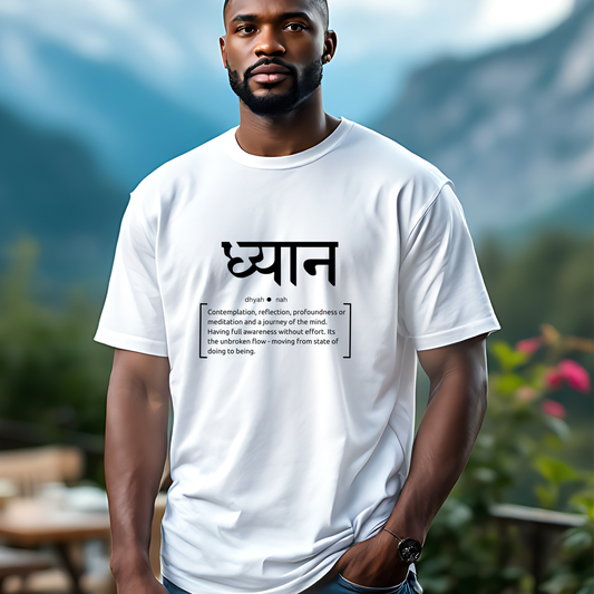 Man wearing a white t-shirt with black text 