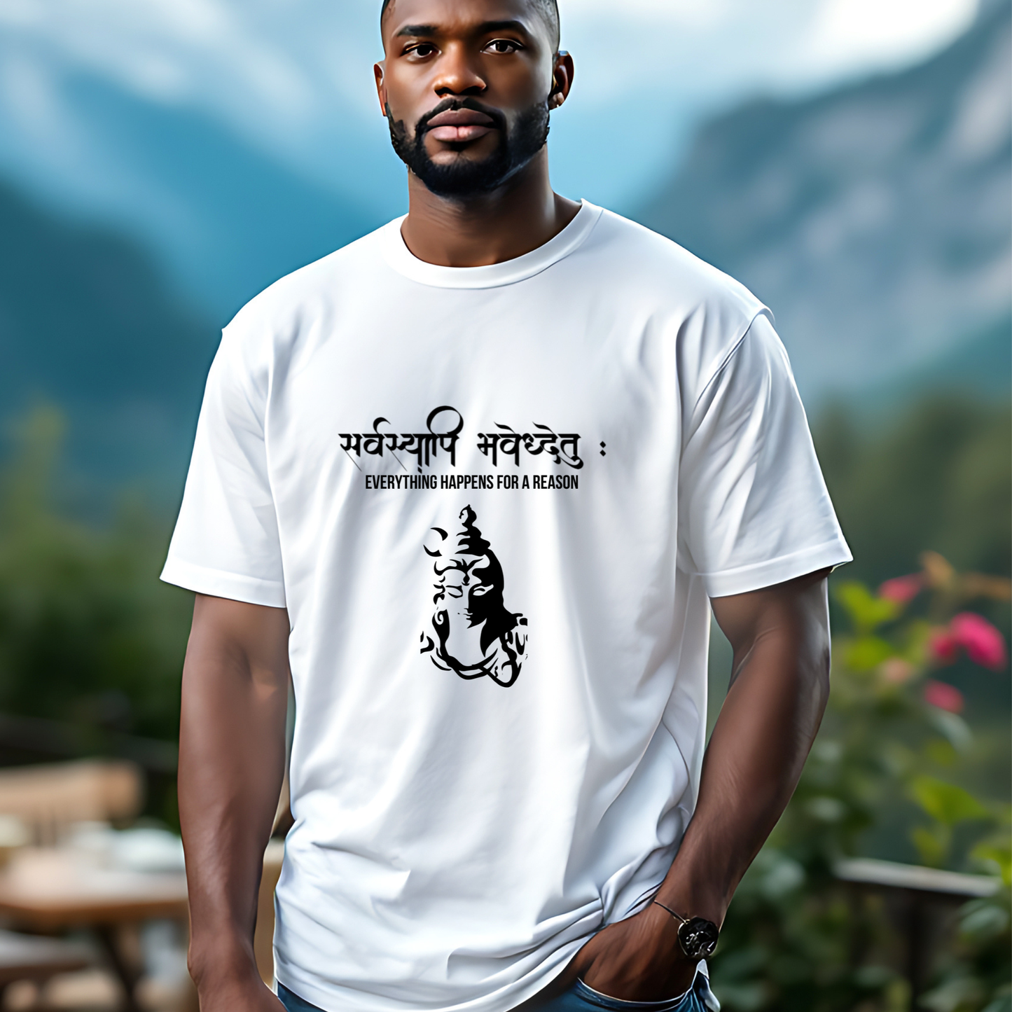 Man wearing a white t-shirt with black text and design outdoors