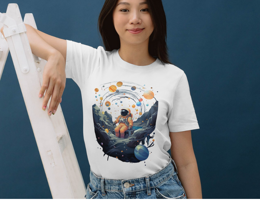 Astronaut with solar system T-shirt