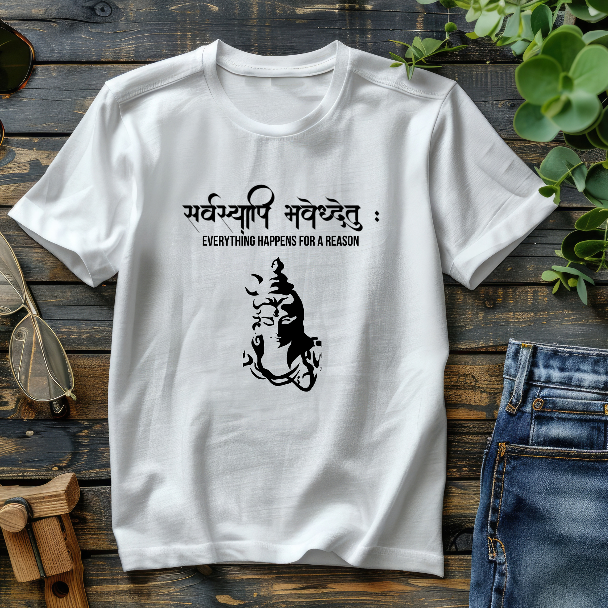White t-shirt with black text and design on a wooden surface with jeans and sunglasses.