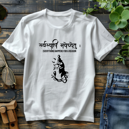 White t-shirt with black text and design on a wooden surface with jeans and sunglasses.