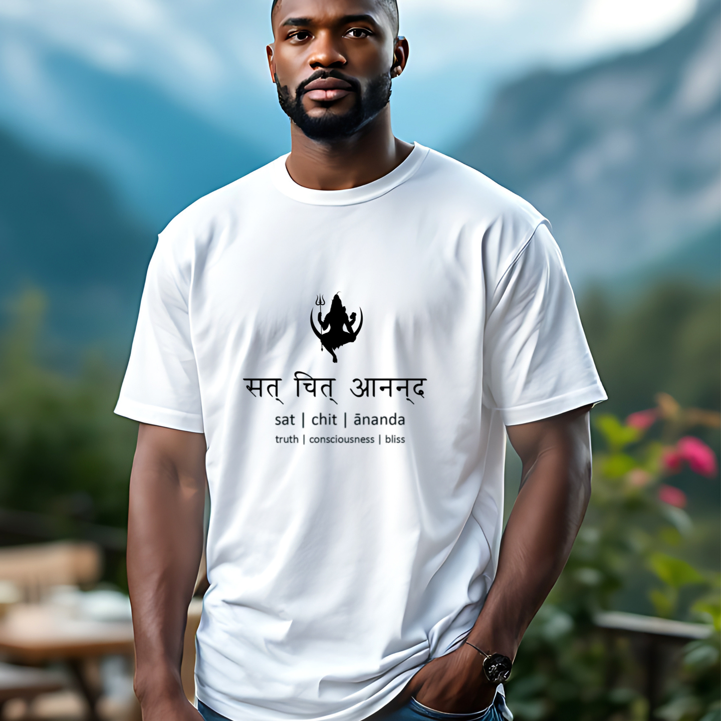 Man wearing a white t-shirt with black text and symbols outdoors