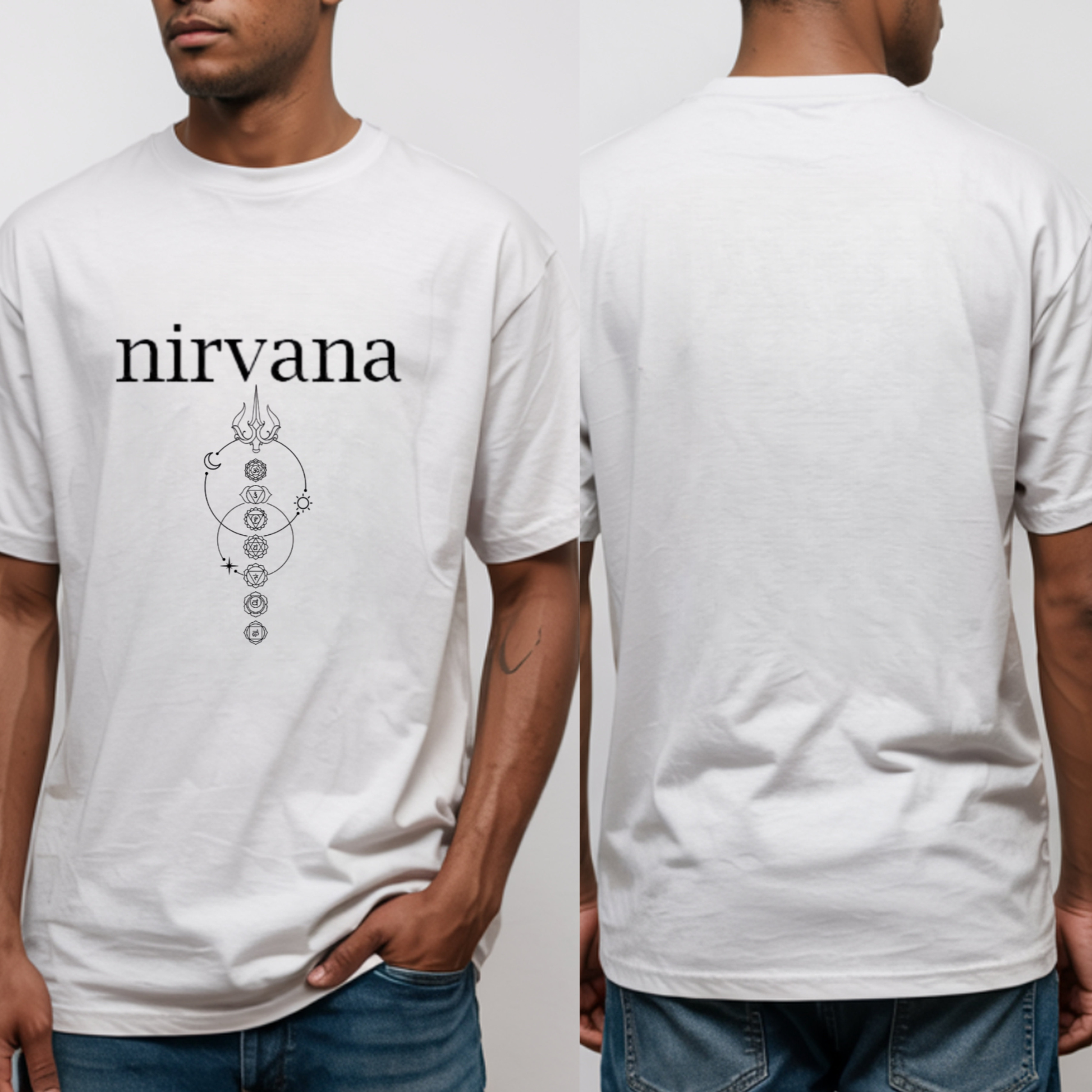 White t-shirt with 'nirvana' logo on front and back, worn by a person.