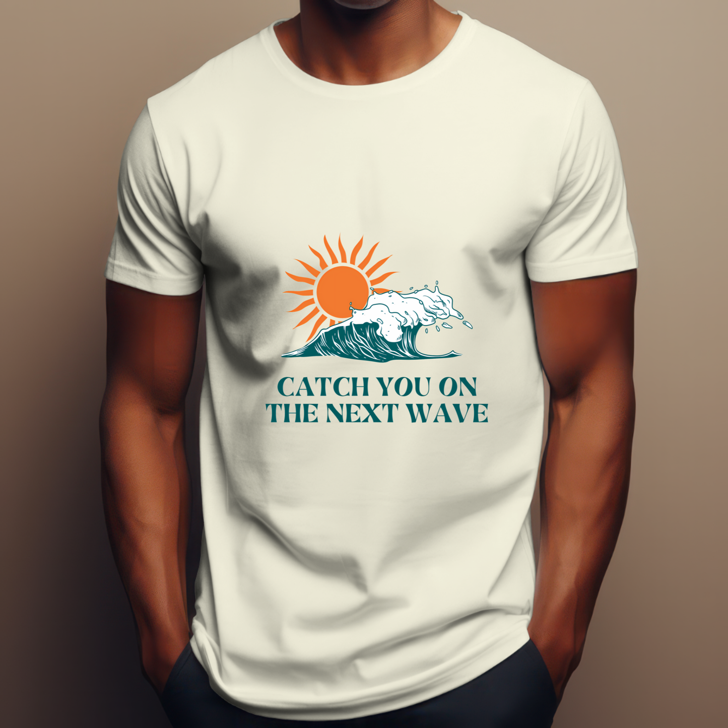 White t-shirt with a sun and wave design and text 'Catch you on the next wave' worn by a person.