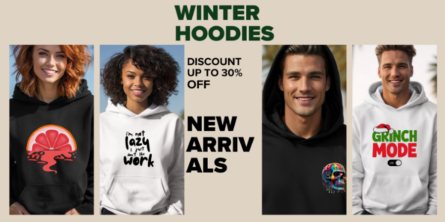 Promotional banner for winter hoodies with four models wearing different designs and text.