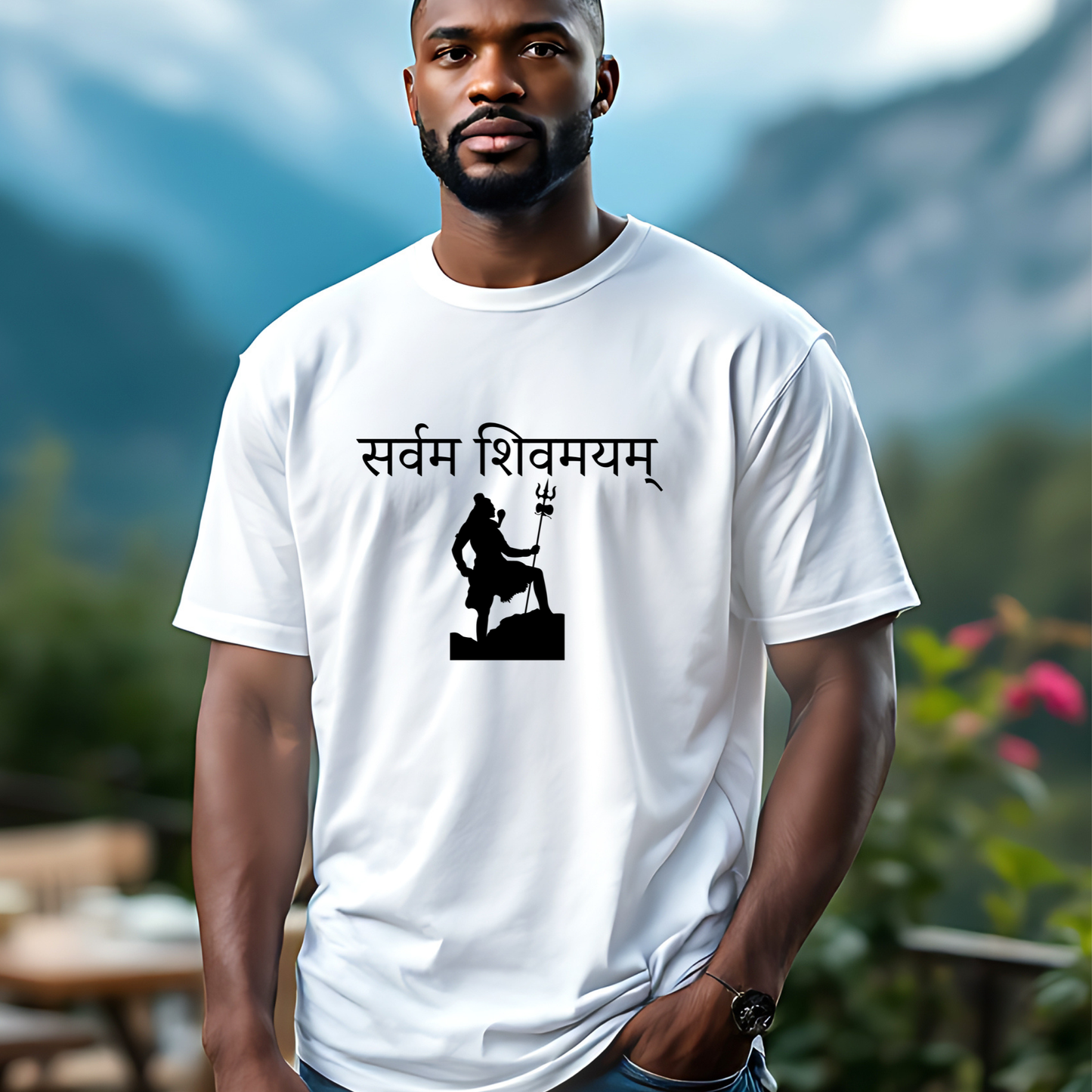 Man wearing a white t-shirt with black text and graphic outdoors