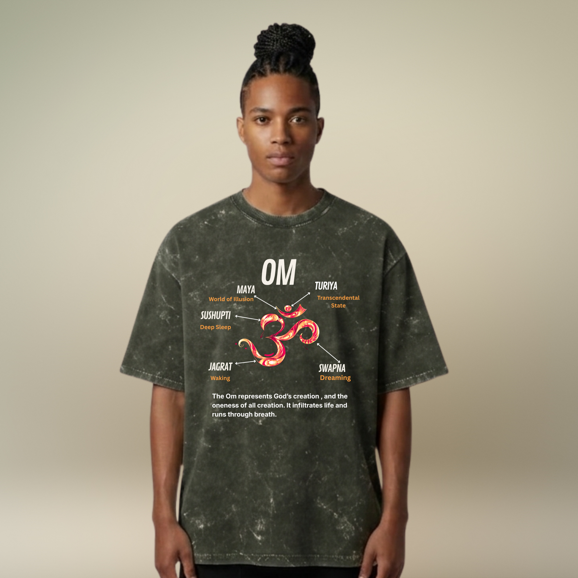 Person wearing a t-shirt with Om symbol and text on a beige background