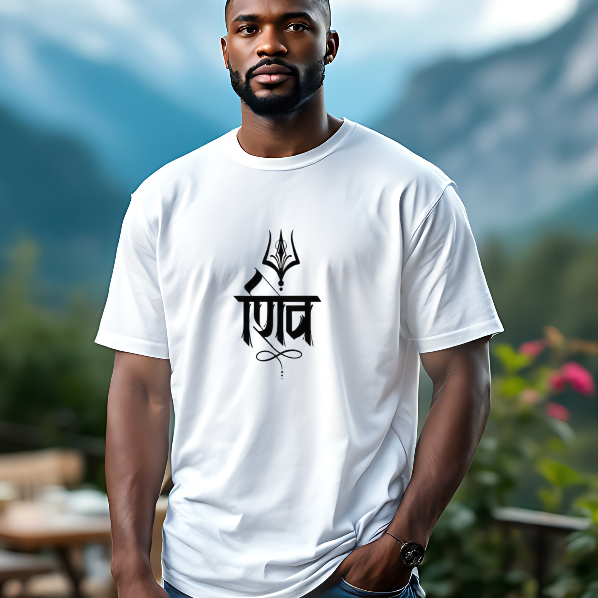 Man wearing a white t-shirt with a black logo outdoors