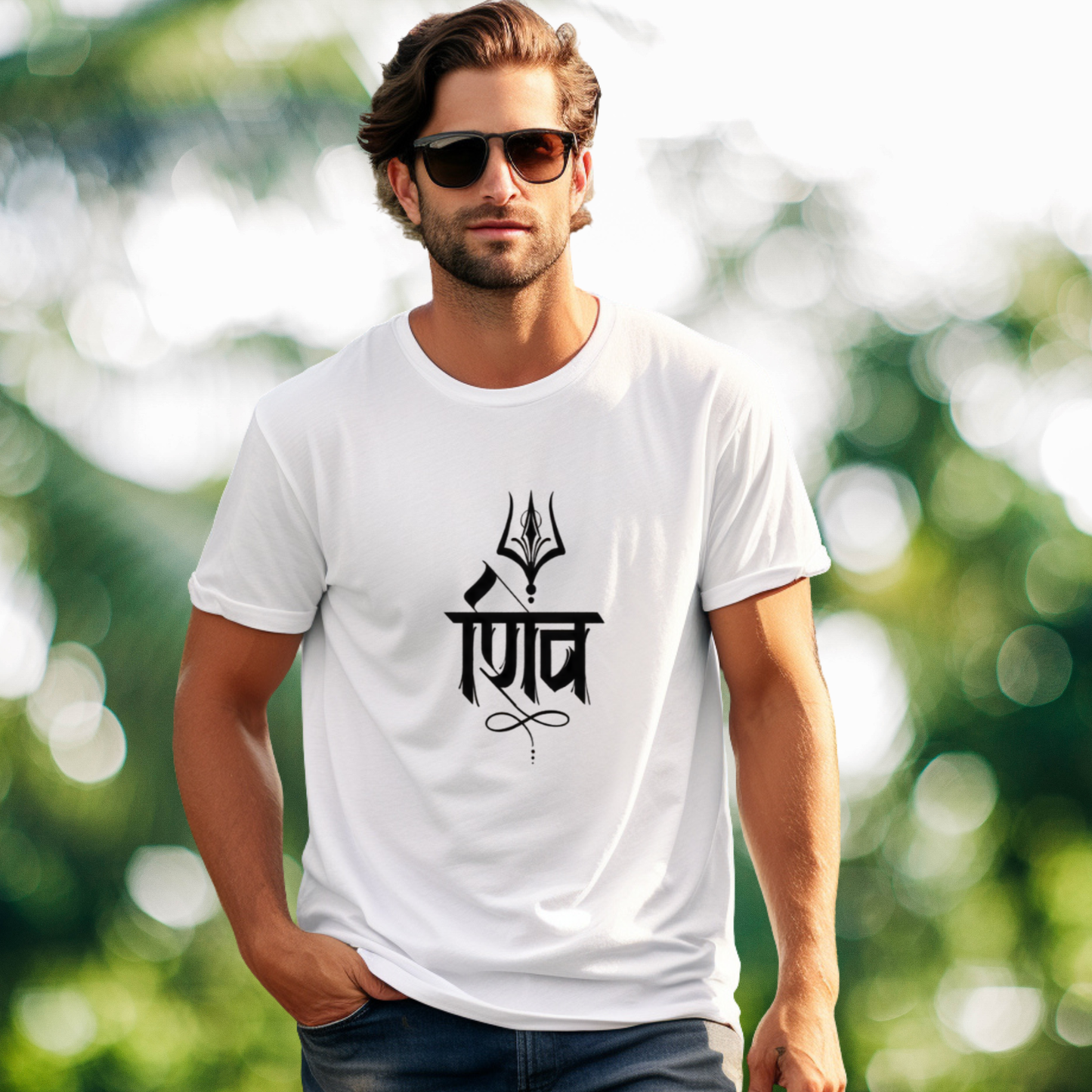 Man wearing a white t-shirt with a black symbol and text outdoors