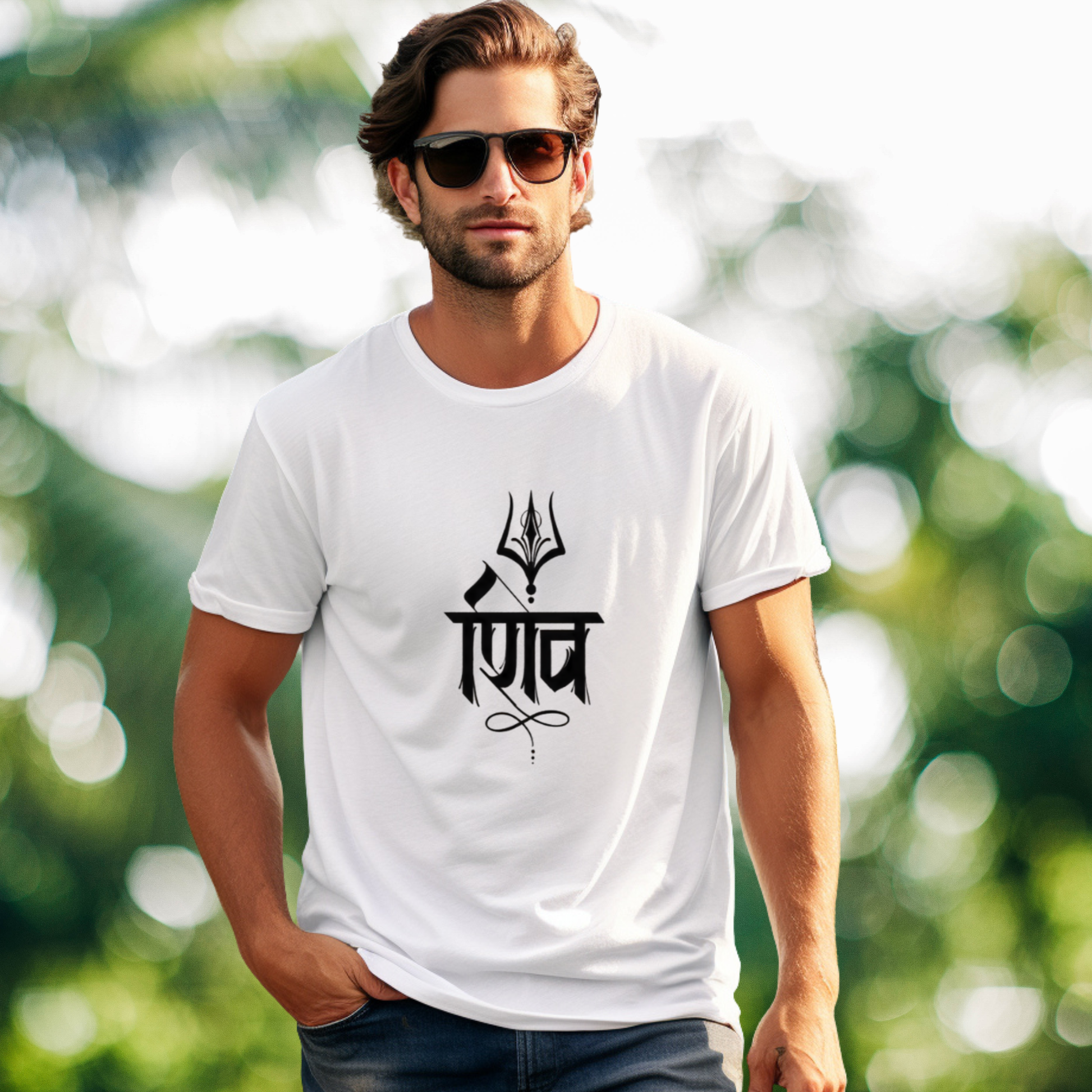 Man wearing a white t-shirt with a black symbol and text outdoors