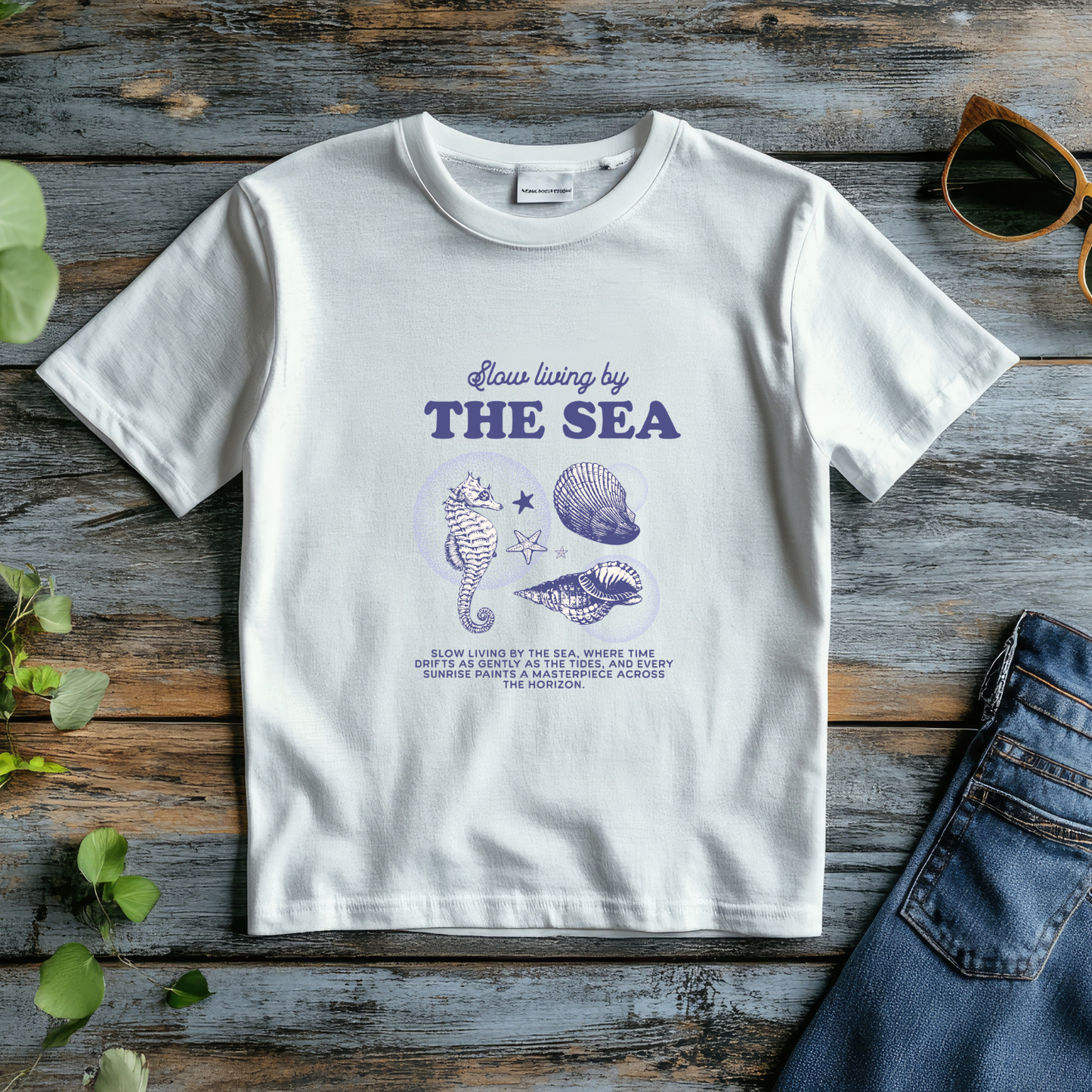 Living By the Sea- Ocean Lover Pure Cotton White T-shirt