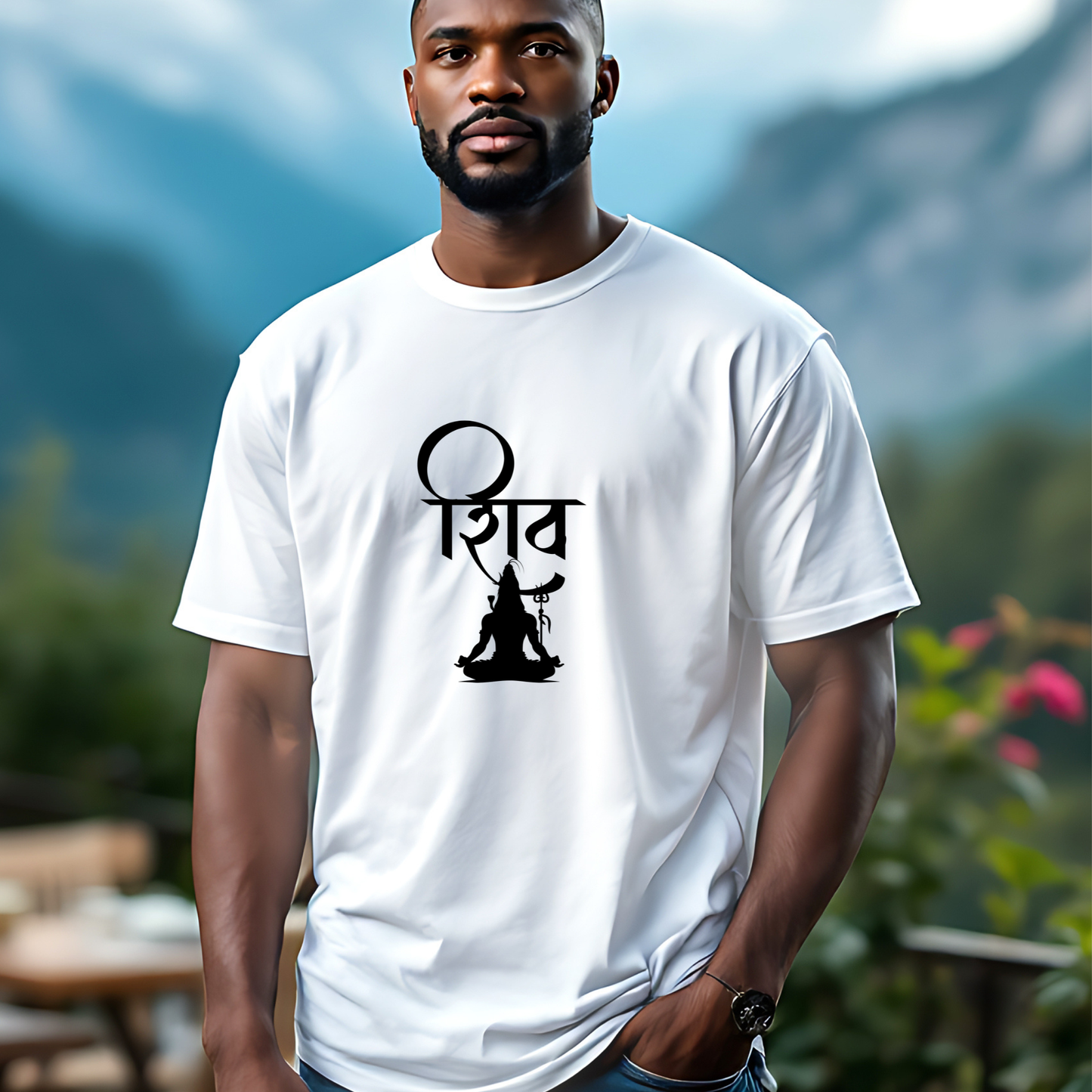 Man wearing a white t-shirt with a black graphic design outdoors