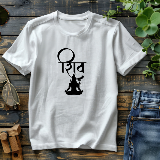 White t-shirt with black graphic design of Lord Shiva on a wooden surface with jeans and sunglasses.
