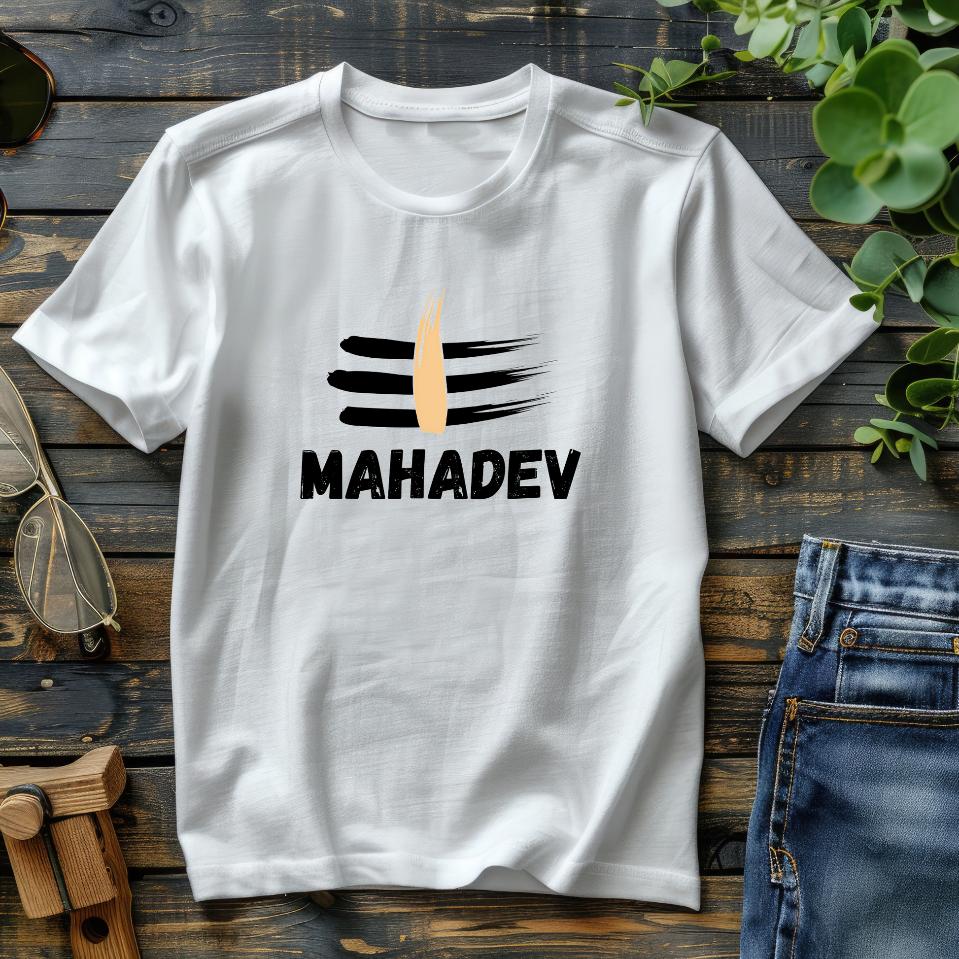 White t-shirt with 'MAHADEV' design on a wooden surface with jeans and sunglasses.