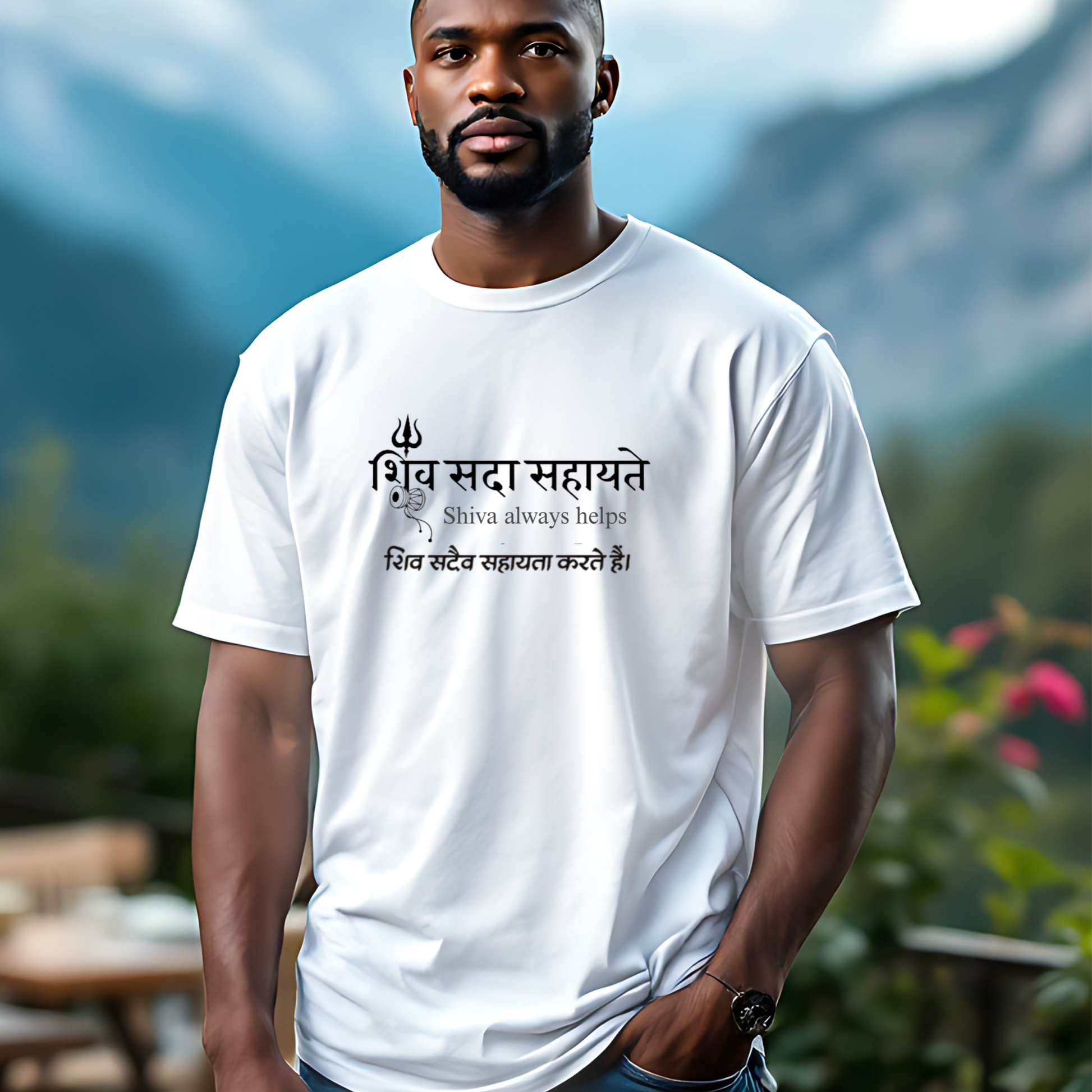 Man wearing a white t-shirt with text in a foreign language against a blurred natural background